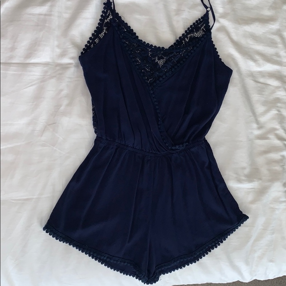 Navy Blue Lace Back Romper - Navy